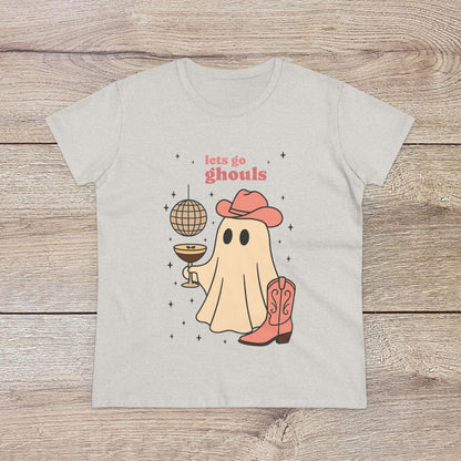 Let's Go Ghouls Tee in light gray featuring a cute ghost character holding a glass and wearing a cowboy hat, perfect for Halloween and casual wear.