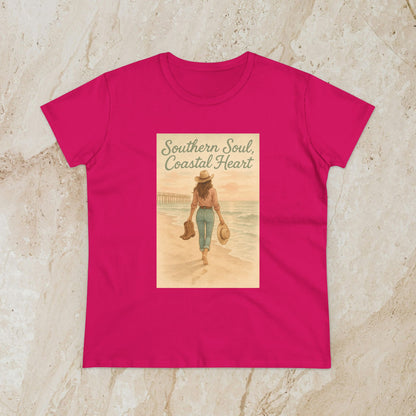 Southern Soul Coated Heart Tee in bright pink, showcasing a beautiful coastal scene with a woman, ideal for a vibrant and stylish wardrobe addition.