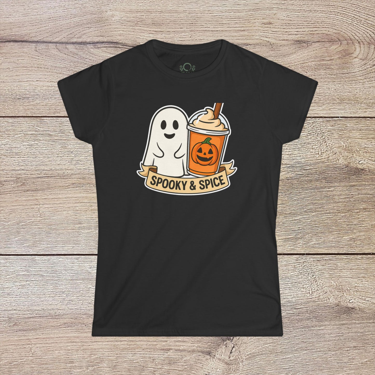 Spooky And Spice Ghost Graphic Tee in black, showcasing a playful ghost and pumpkin beverage graphic, ideal for casual outfits.
