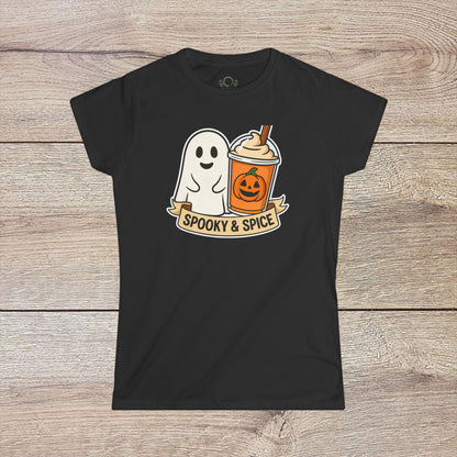 Spooky And Spice Ghost Graphic Tee in black, showcasing a playful ghost and pumpkin beverage graphic, ideal for casual outfits.