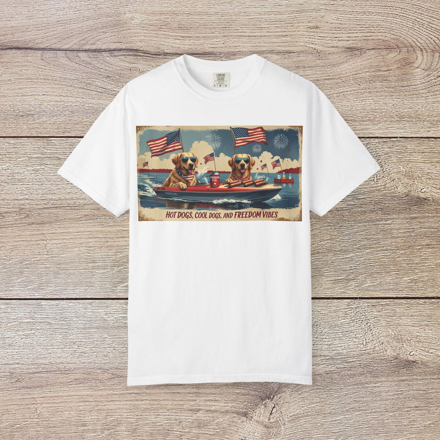 Men's Golden Tee: Comfortable Cotton T-Shirt with Ribbed Collar, displaying a fun illustration of dogs with American flags, ideal for summer celebrations.