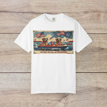 Men's Golden Tee: Comfortable Cotton T-Shirt with Ribbed Collar, displaying a fun illustration of dogs with American flags, ideal for summer celebrations.