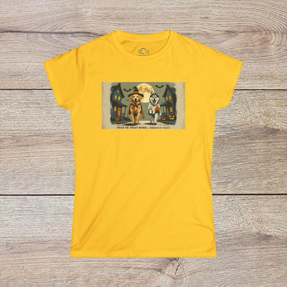 Vibrant yellow Unisex Softstyle Trick Or Treat T-Shirt showcasing two festive dogs in Halloween costumes, designed for comfort and style, crafted from 100% ring-spun cotton.