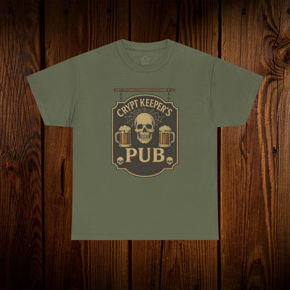 Crypt Keeper's Pub Tee in olive green, showcasing a skull and beer mugs, ideal for Halloween festivities and casual outings.