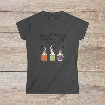 Salem Witch Social Club Graphic Tee in dark gray color featuring vibrant potion bottle designs with a smooth finish, made from 100% ring-spun cotton.