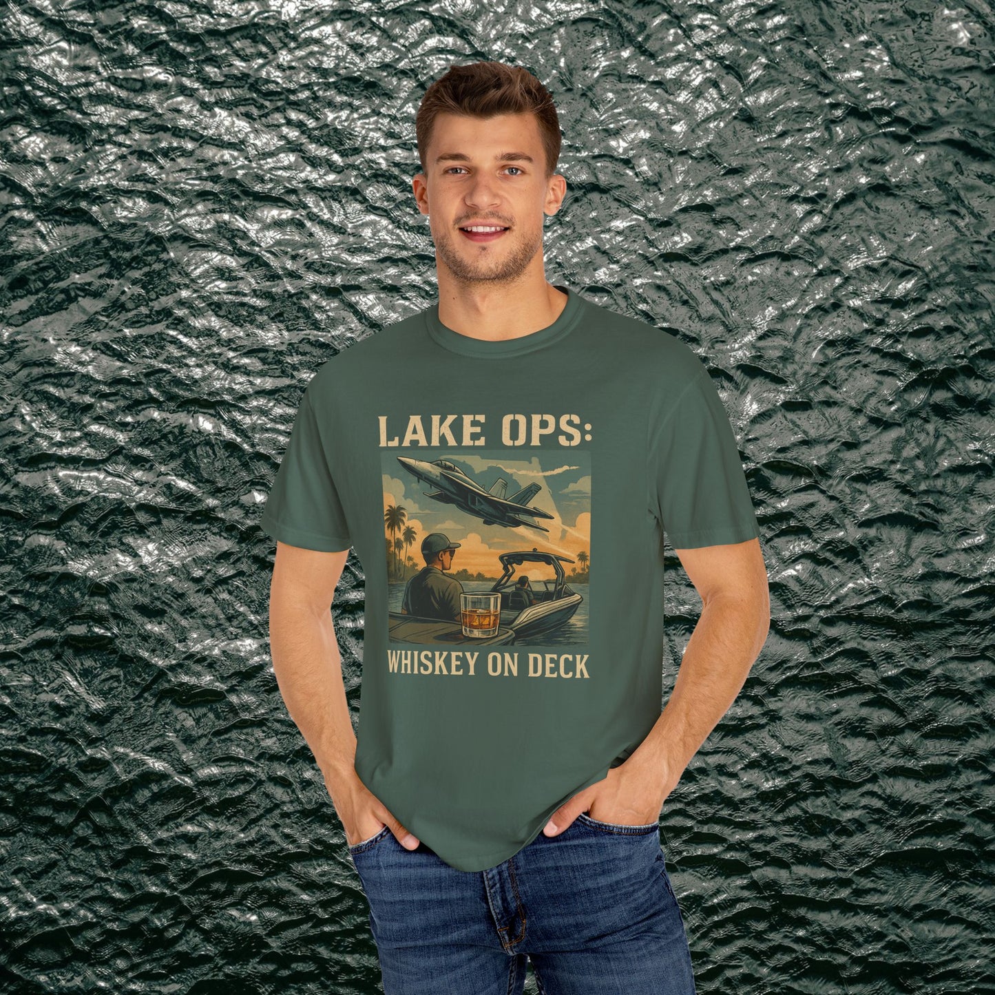 Garment-Dyed Comfort Tee for Adults featuring Lake Ops Whiskey on Deck design in green, made from high-quality 100% ring-spun cotton. Available in sizes S-4XL, suitable for casual outings.