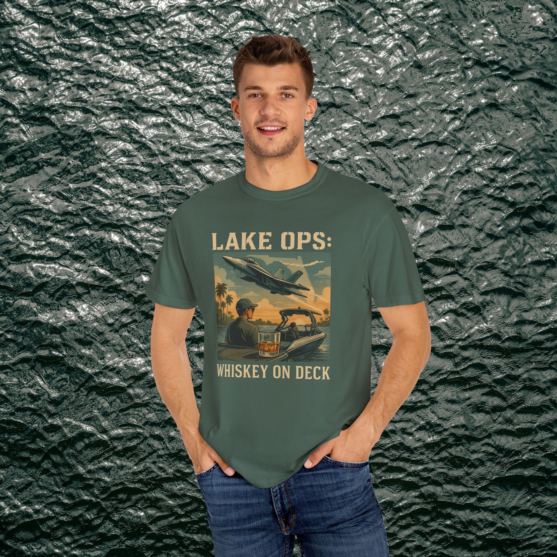 Garment-Dyed Comfort Tee for Adults featuring Lake Ops Whiskey on Deck design in green, made from high-quality 100% ring-spun cotton. Available in sizes S-4XL, suitable for casual outings.