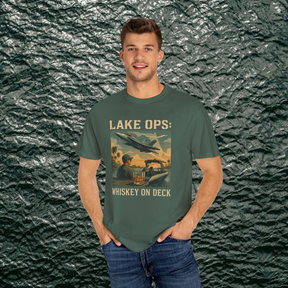 Garment-Dyed Comfort Tee for Adults featuring Lake Ops Whiskey on Deck design in green, made from high-quality 100% ring-spun cotton. Available in sizes S-4XL, suitable for casual outings.