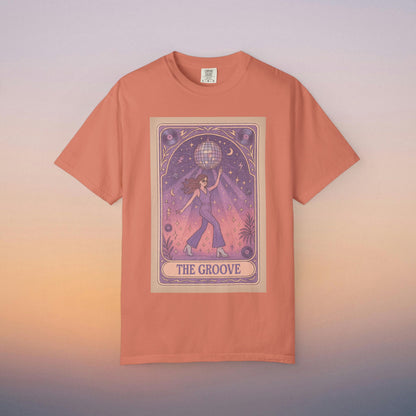 Groove Tarot Graphic Tee in coral, featuring a vibrant design with a character holding a disco ball, crafted from 100% ring-spun cotton, ideal for both men and women.
