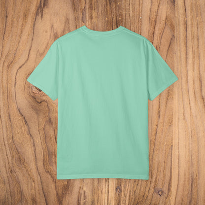Unisex Sunset Palm Tree T-Shirt - Back view of a vibrant mint green garment-dyed cotton tee for men and women.