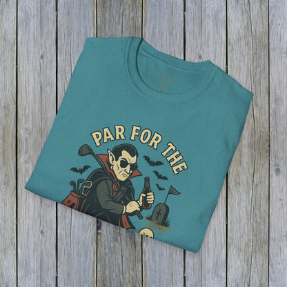 Funny Halloween Unisex T-Shirt featuring 'Par For The Curse' graphic design, perfect for spooky fall fashion. This vibrant graphic tee showcases a playful Halloween theme, ideal for festive gatherings or everyday wear.