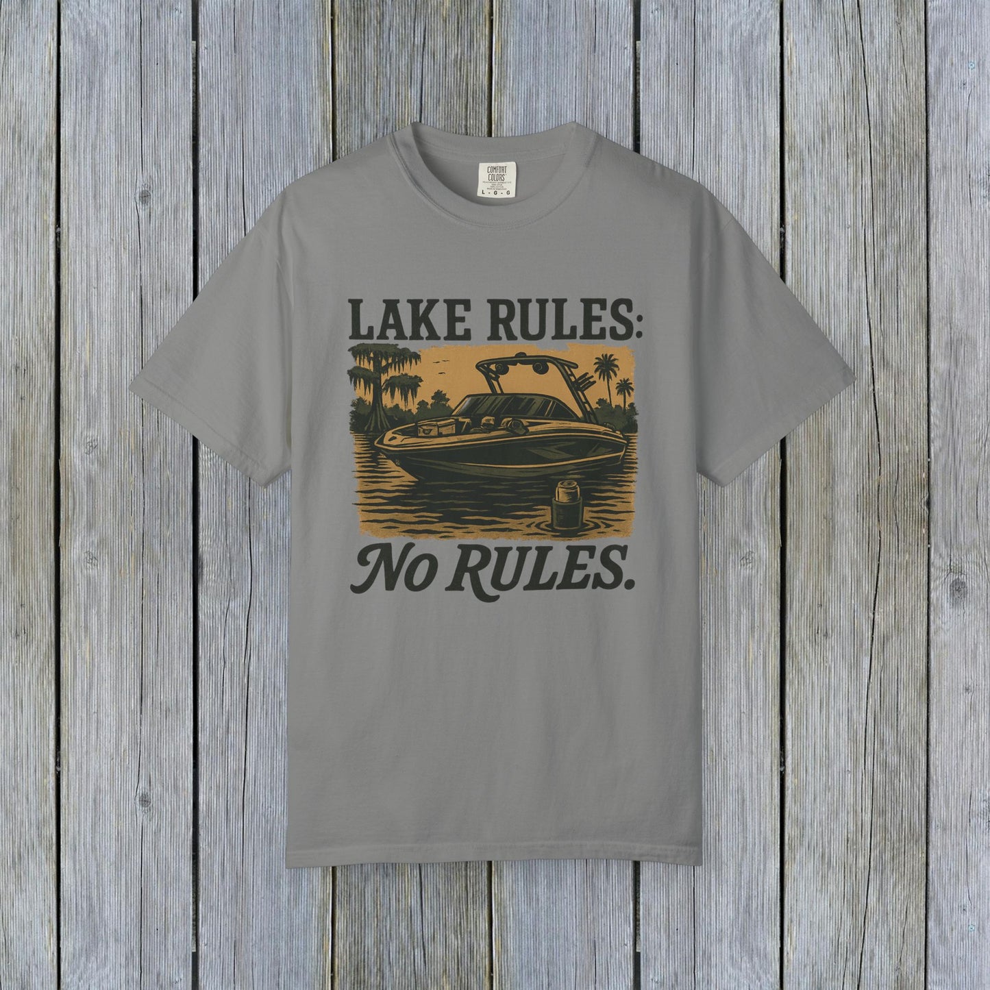 Unisex Garment-Dyed Lake Rules Tee in gray with a prominent 'Lake Rules: No Rules' graphic, designed for comfort and style during lake activities.