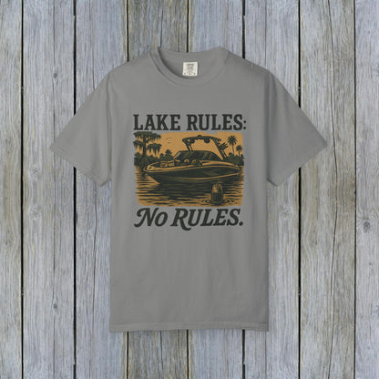 Unisex Garment-Dyed Lake Rules Tee in gray with a prominent 'Lake Rules: No Rules' graphic, designed for comfort and style during lake activities.