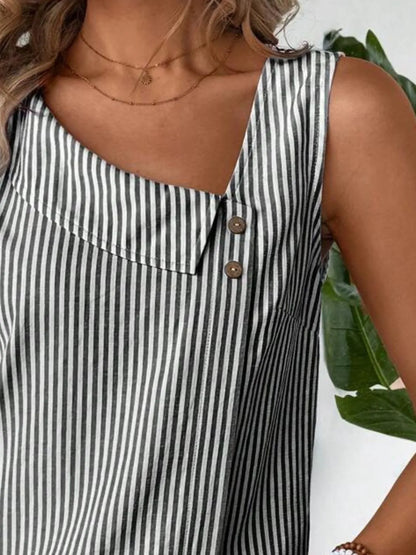 Close-up view of the Asymmetrical Striped Tank with Decorative Buttons for Women, highlighting the unique button details, 100% polyester material.
