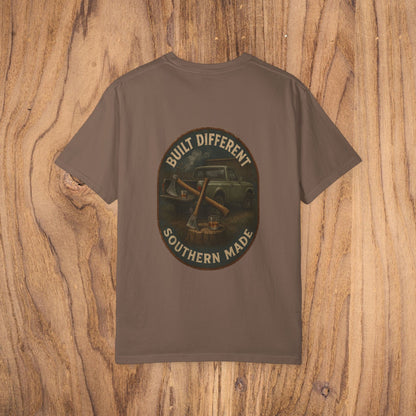 Premium Southern Made T-Shirt featuring a vintage car design on the back, ideal for stylish casual wear. Available in multiple sizes.