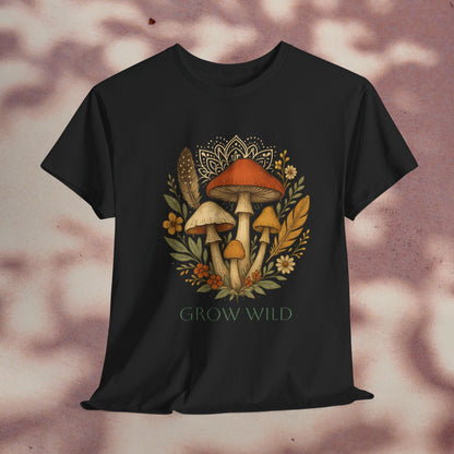 Wild Mushroom Graphic Tee in black, highlighting a beautiful mushroom graphic with floral details. Perfect for nature lovers, this eco-friendly unisex cotton shirt offers stylish adventure apparel.