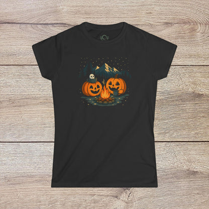 Fall Pumpkin Campfire T-Shirt in black showcasing festive Halloween pumpkins around a campfire, crafted from 100% cotton, perfect for showcasing Halloween spirit.