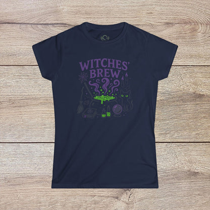 Witches' Brew Halloween T-Shirt featuring vibrant print with a spooky design of a cat, potion, and witch elements on a navy background, eco-friendly cotton material.