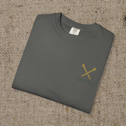 Tee It High Let It Fly Graphic Tee folded neatly, in a dark gray color with crossed golf clubs design, made from soft US cotton for a versatile and stylish wear.