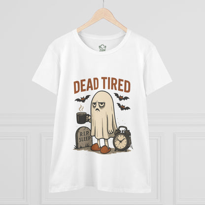 Front view of a Cute Whimsical Ghost T-Shirt for Halloween featuring a cartoon ghost with the text 'DEAD TIRED', perfect for Halloween-themed casual wear.