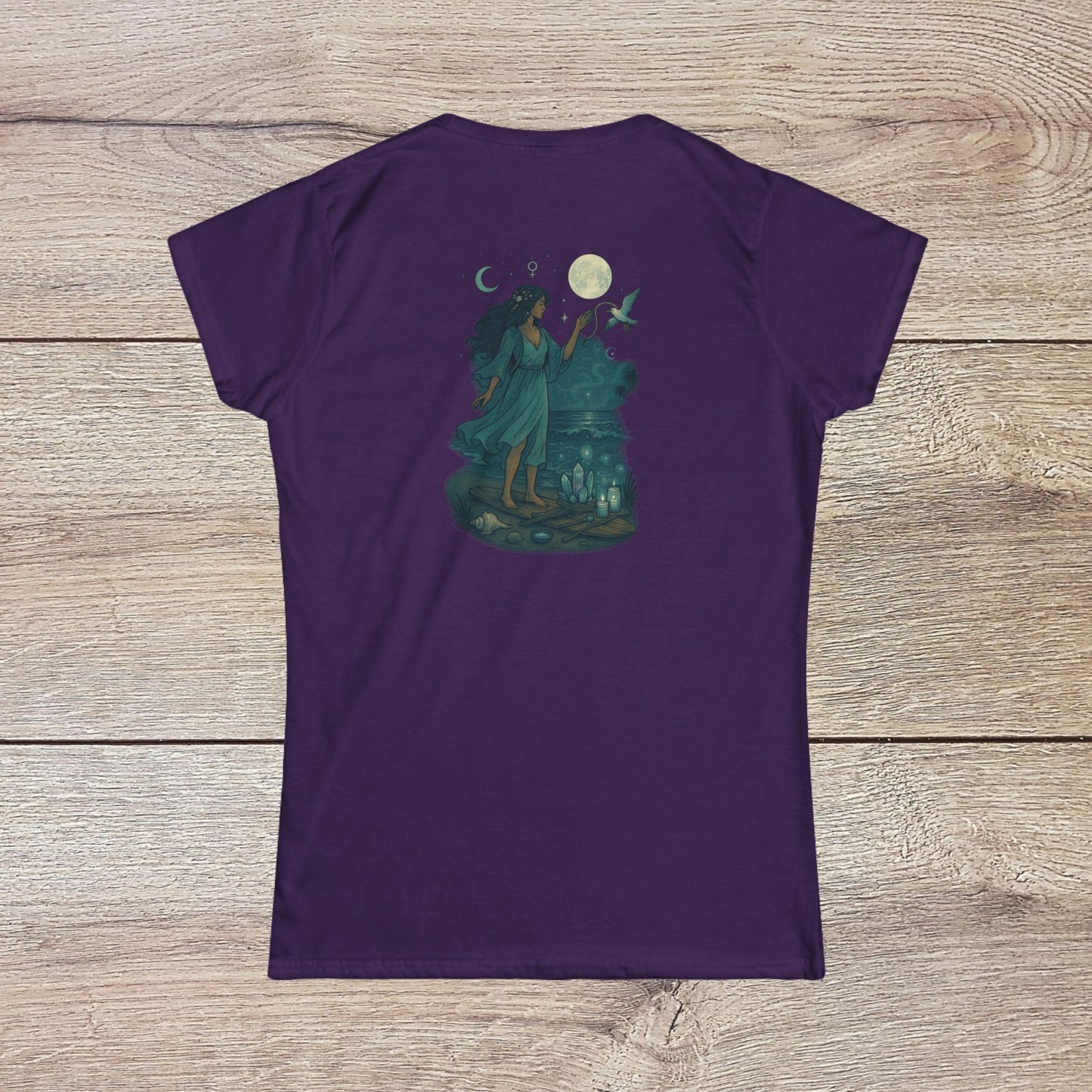 Moon Child T-Shirt featuring a mystical design with a woman reaching towards the moon, perfect for dreamers and those expressing their whimsical side.