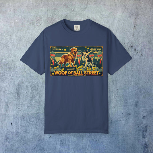 Sleek Woof of Ball Street T-Shirt featuring a vibrant dog graphic and playful elements, perfect for casual wear and showcasing your love for pets.