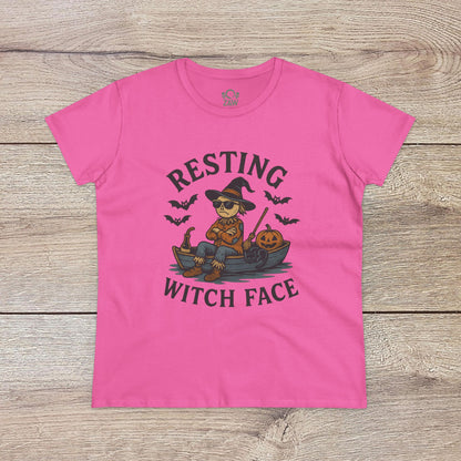 Resting Witch Face Halloween T-Shirt for Women in eye-catching pink, showcasing a fun witch illustration ideal for festive occasions.