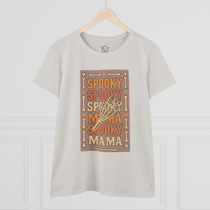 Spooky Mama Tee, a soft cotton t-shirt featuring a playful skeletal design, perfect for Halloween or casual wear.