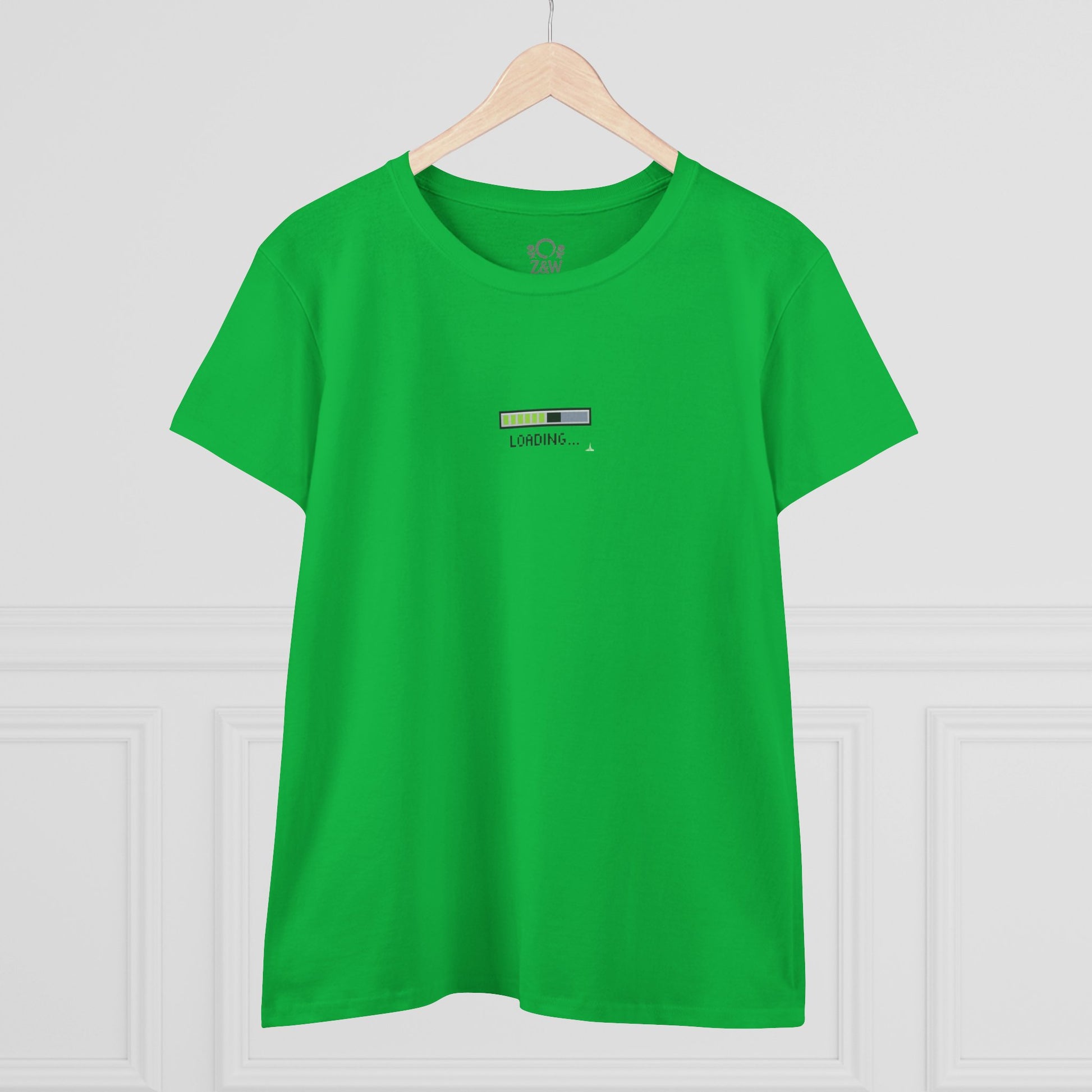 404 Y2K Graphic T-Shirt in striking green on a hanger, featuring a trendy loading graphic, combining retro style with modern comfort.