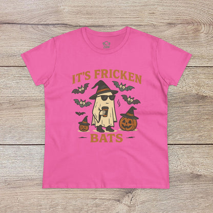 Halloween Unisex T-Shirt in vibrant pink featuring a fun ghost graphic alongside bats and pumpkins. Constructed with 100% cotton, great for trick-or-treating.