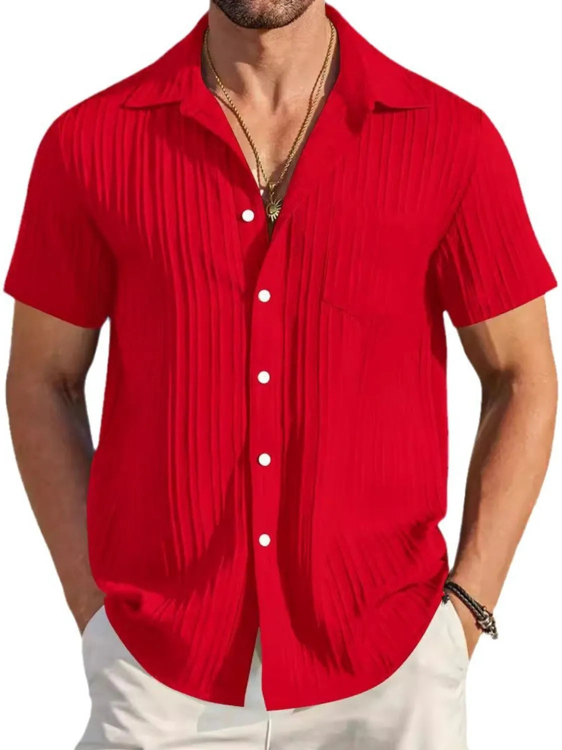 Men's Plus Size Short Sleeve Button-Up Shirt in striking red, made from a stretchy and comfortable polyester blend, great for stylish summer wear.