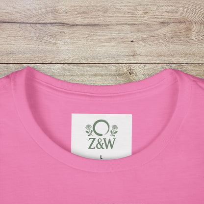 Close-up of the collar label of Sippin' Through The Seasons Slim Fit Tee in pink color, displaying the Z&W brand and size L, crafted from 100% combed cotton for softness.