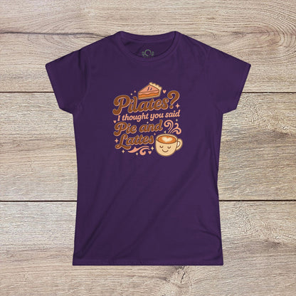 Funny Pilates T-Shirt in a rich purple color displaying the funny saying: 'Pilates? I thought you said Pie and Lattes'. Built with durable shoulder tape and a classic fit.
