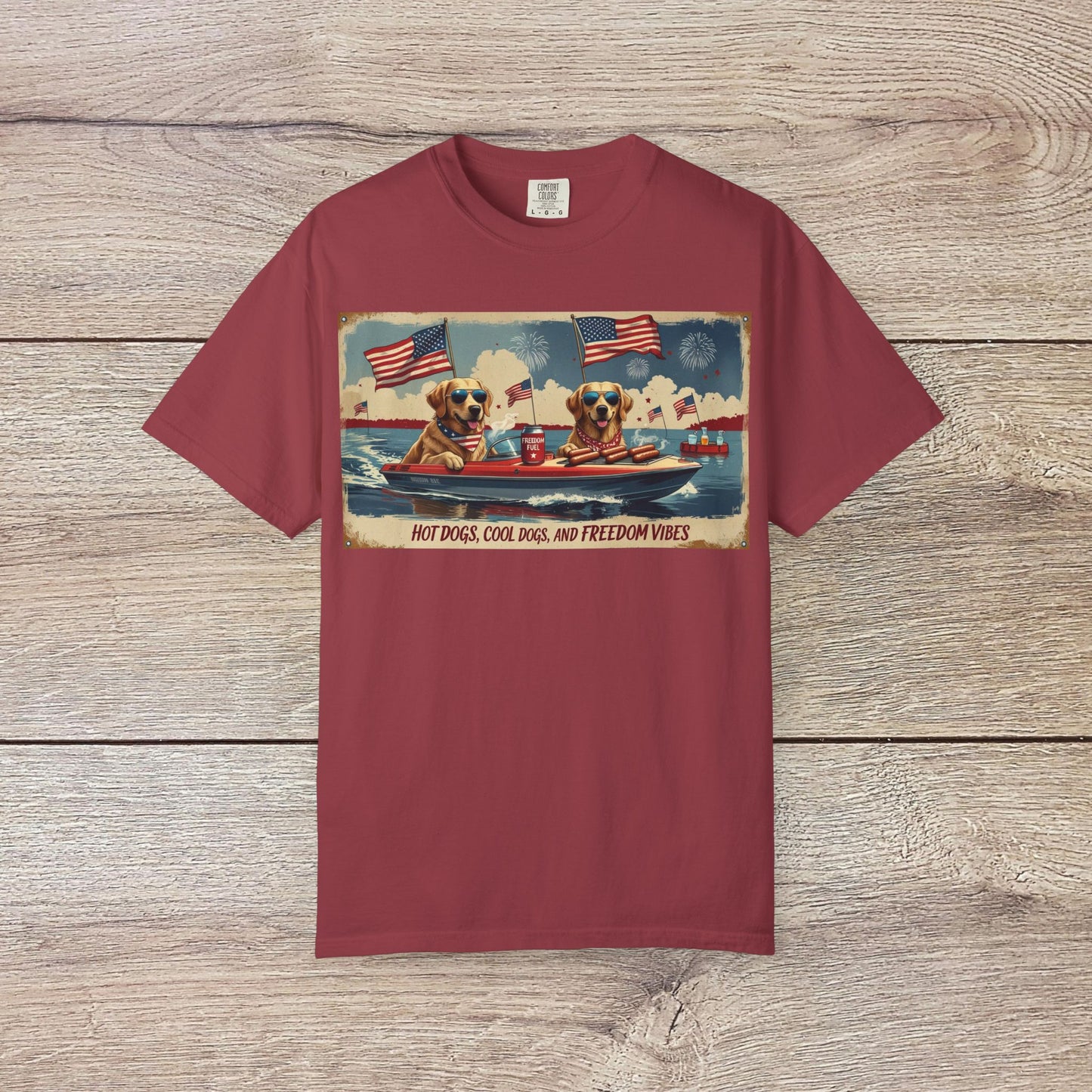 Men's Golden Tee: Comfortable Cotton T-Shirt with Ribbed Collar, displaying a playful design of dogs celebrating with American flags and hot dogs, great for casual celebrations.