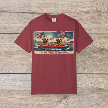 Men's Golden Tee: Comfortable Cotton T-Shirt with Ribbed Collar, displaying a playful design of dogs celebrating with American flags and hot dogs, great for casual celebrations.