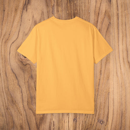 Back view of the Unisex Sunset Palm Tree T-Shirt in bright gold, highlighting the stylish and casual design ideal for both men and women.