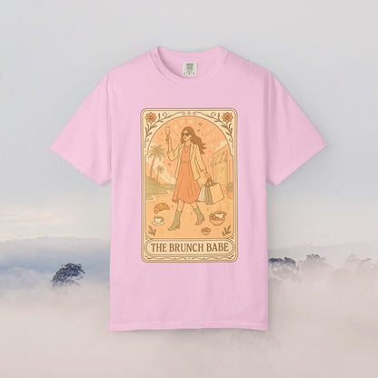 Brunch Babe Tarot Graphic Tee in pastel pink, 100% cotton, perfect for casual style, available in sizes S-4XL.