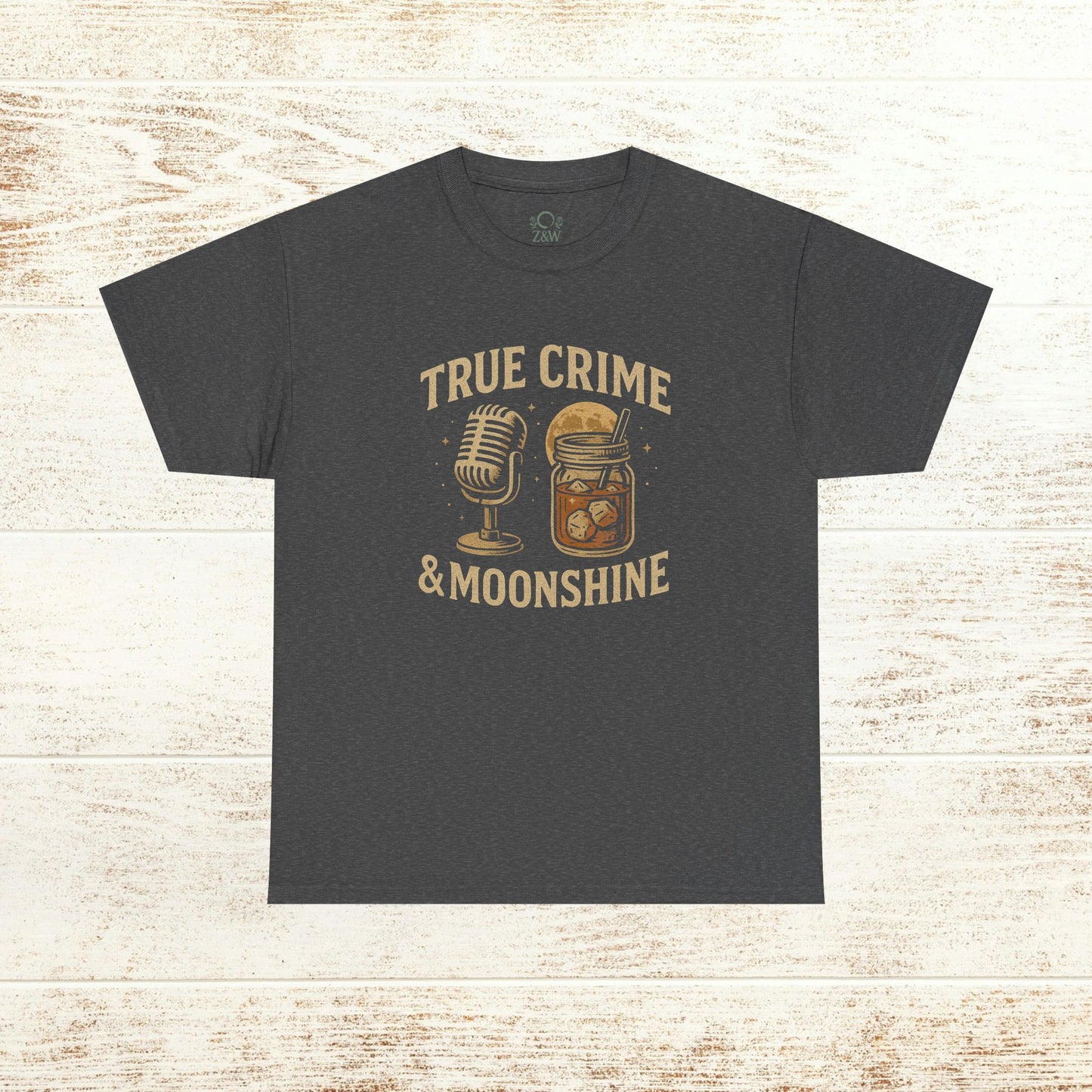 True Crime & Moonshine Unisex Graphic Tee - Vintage Casual Wear for True Crime Lovers showcasing a vintage microphone and moonshine jar graphic on a dark gray background.