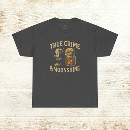 True Crime & Moonshine Unisex Graphic Tee - Vintage Casual Wear for True Crime Lovers showcasing a vintage microphone and moonshine jar graphic on a dark gray background.