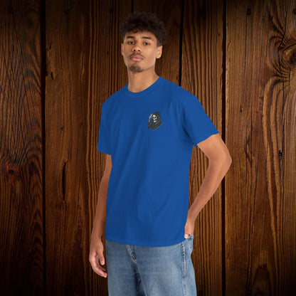 Spooky Halloween Graphic Tee - Unisex Cotton Shirt with a ghostly graphic on the front, perfect casual wear in bright blue for celebrating Halloween festivities.