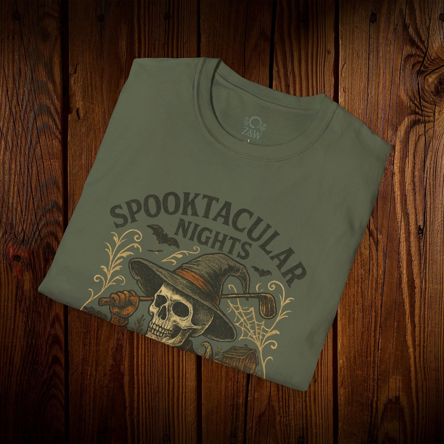 Spooktacular Nights Halloween T-Shirt in olive green featuring a skull graphic, ideal for unisex Halloween celebrations.