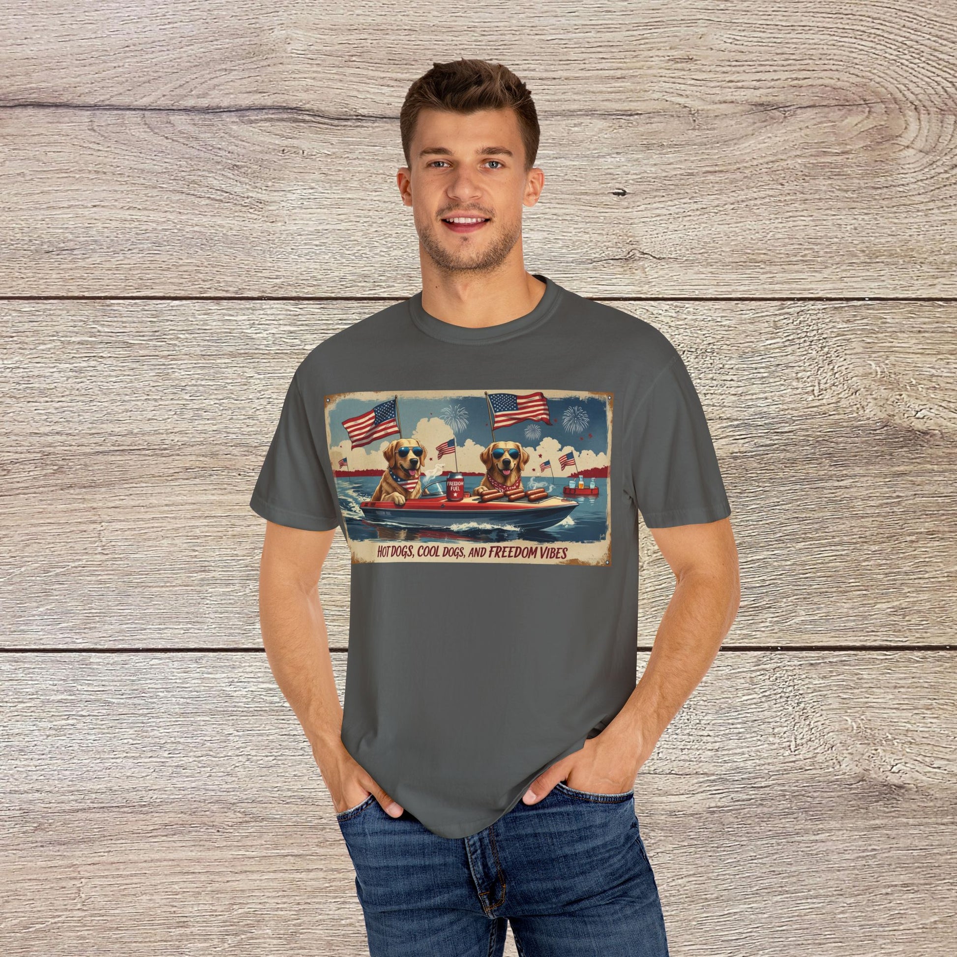 Men's Golden Tee: Comfortable Cotton T-Shirt with Ribbed Collar worn by a model, showcasing a playful dog-themed design, ideal for summer outings.