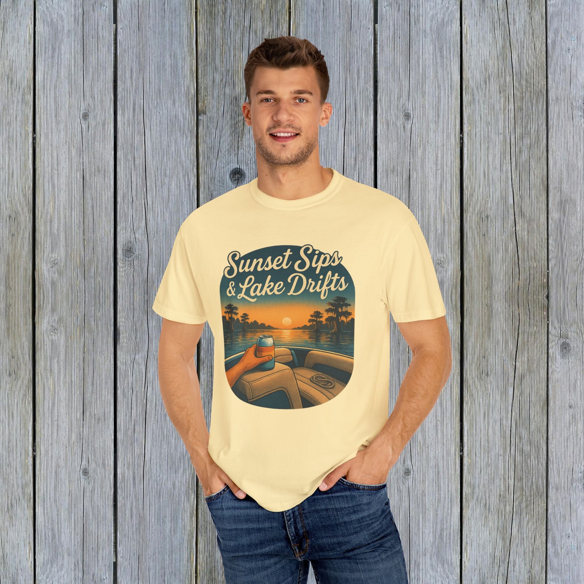 Model wearing Lake Drifts T-Shirt in yellow featuring 'Sunset Sips & Lake Drifts' design, ideal for outdoor activities.