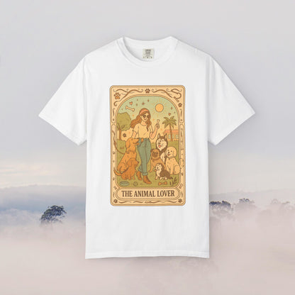 Animal Lover Tarot Tee in classic white showcasing a colorful design of a woman and different animals, perfect for animal lovers and fashion enthusiasts.