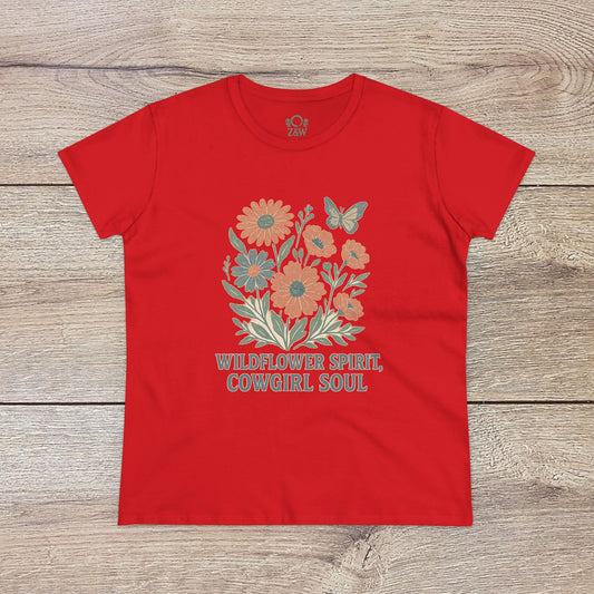 Wildflower Spirit Cotton Tee in vibrant red, adorned with a floral pattern and a butterfly, designed for comfort and durability.