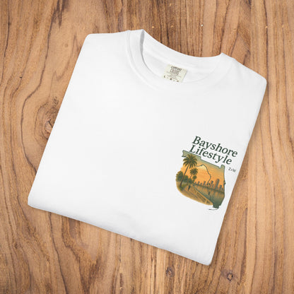 Bayshore Lifestyle Tee - Folded white 100% cotton t-shirt with a graphic design, ideal for everyday comfort and style.
