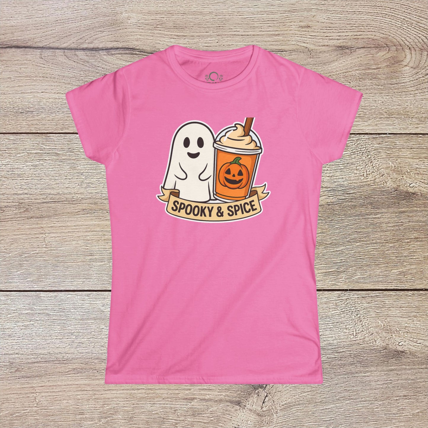 Spooky And Spice Ghost Graphic Tee in vibrant pink showcasing a friendly ghost with a pumpkin spice latte, perfect for all-year-round comfort.