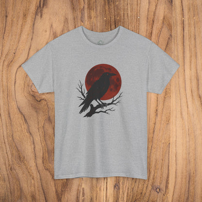 Gothic Raven T-Shirt in heather gray, featuring a distinctive raven silhouette set against a red moon, perfect for festive fall fashion and Halloween celebrations.
