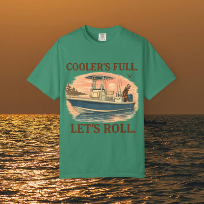 Men's & Women's Durable Cotton Full Tee in vibrant teal featuring a boat illustration and the saying 'COOLER'S FULL. LET'S ROLL.' A must-have for beach lovers.