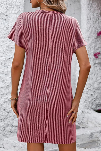 Back view of the Mandy Ribbed Striped Mini Tee Dress with Pockets in pink, highlighting the smooth silhouette and comfortable fit of the short sleeve design.